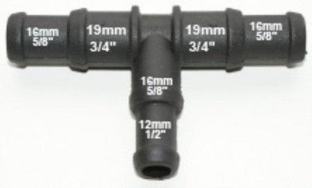 Black Nylon Stepped T Piece 19/15mm - 15/12mm - Car Builder Solutions