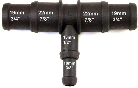 Black Nylon Stepped T Piece 19/22mm - 13/10mm - Car Builder Solutions