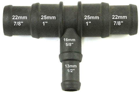 Black Nylon Stepped T Piece 22/25mm - 16/13mm - Car Builder Solutions